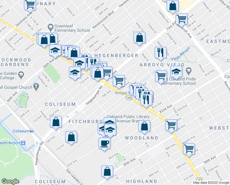 map of restaurants, bars, coffee shops, grocery stores, and more near 7515 International Boulevard in Oakland