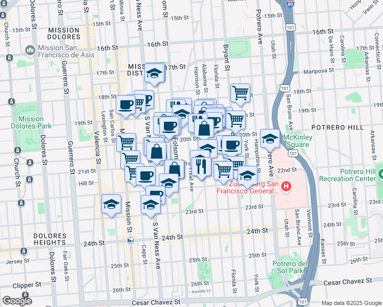 map of restaurants, bars, coffee shops, grocery stores, and more near 759 Treat Avenue in San Francisco