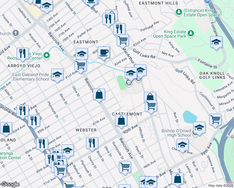 map of restaurants, bars, coffee shops, grocery stores, and more near 2313 86th Avenue in Oakland