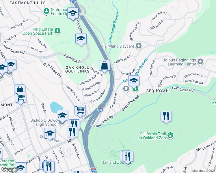 map of restaurants, bars, coffee shops, grocery stores, and more near 3660 Oak Knoll Boulevard in Oakland
