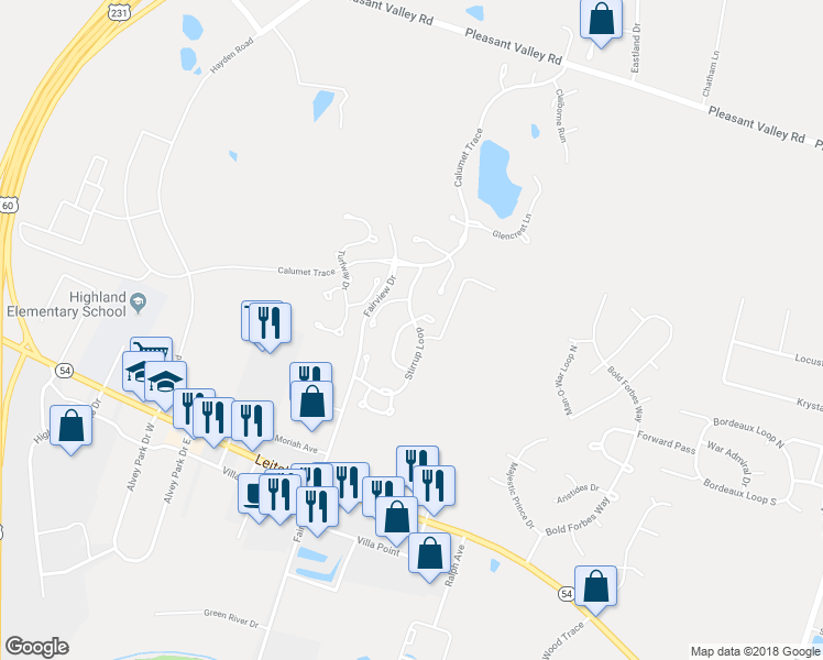 map of restaurants, bars, coffee shops, grocery stores, and more near 3172 Bridle Way in Owensboro