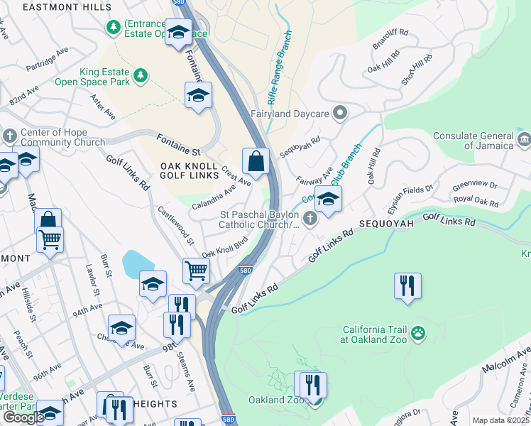 map of restaurants, bars, coffee shops, grocery stores, and more near 3660 Oak Knoll Boulevard in Oakland