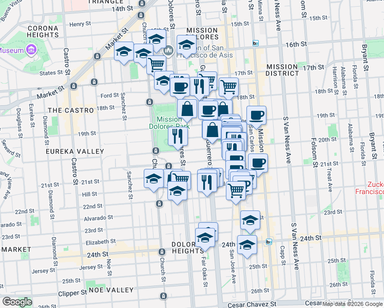 map of restaurants, bars, coffee shops, grocery stores, and more near in San Francisco