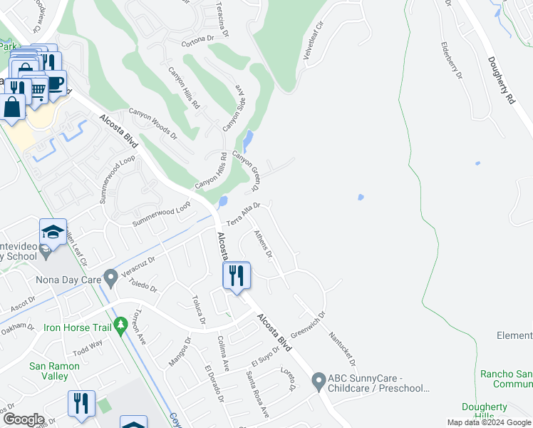 map of restaurants, bars, coffee shops, grocery stores, and more near 4048 Terra Alta Drive in San Ramon
