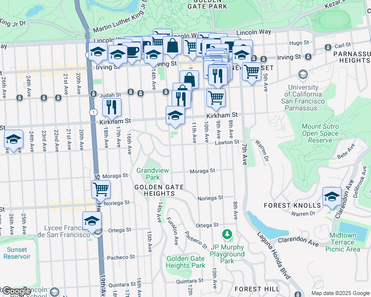 map of restaurants, bars, coffee shops, grocery stores, and more near 1610 12th Avenue in San Francisco