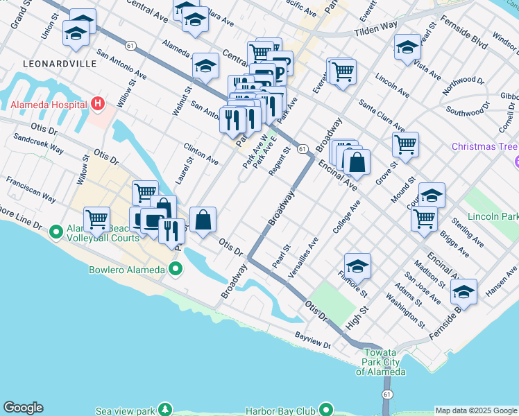 map of restaurants, bars, coffee shops, grocery stores, and more near 1130 Regent Street in Alameda