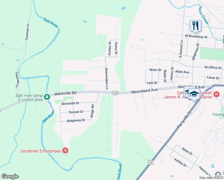 map of restaurants, bars, coffee shops, grocery stores, and more near 835 Mackville Road in Harrodsburg