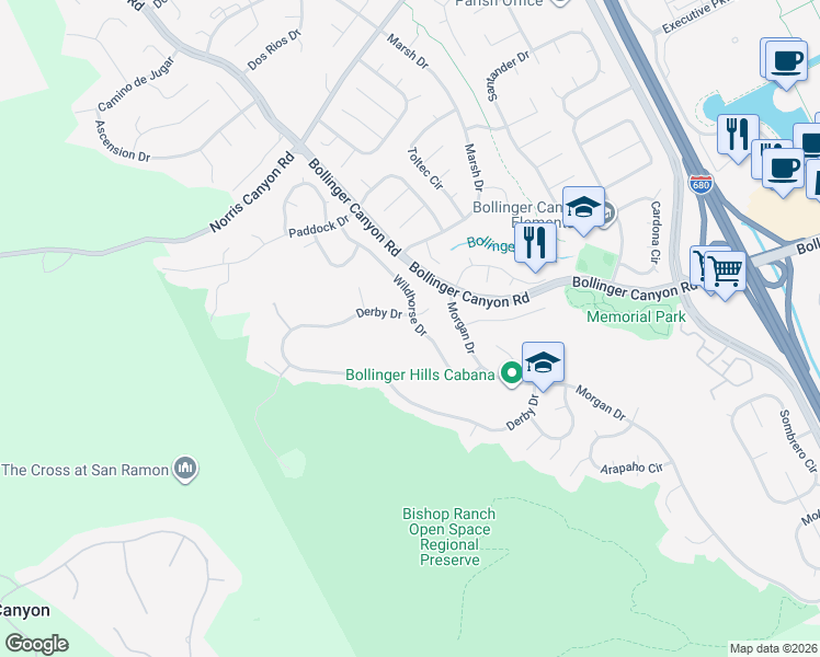 map of restaurants, bars, coffee shops, grocery stores, and more near 2482 Wildhorse Drive in San Ramon