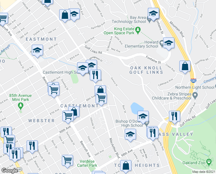 map of restaurants, bars, coffee shops, grocery stores, and more near 8730 Burr Street in Oakland