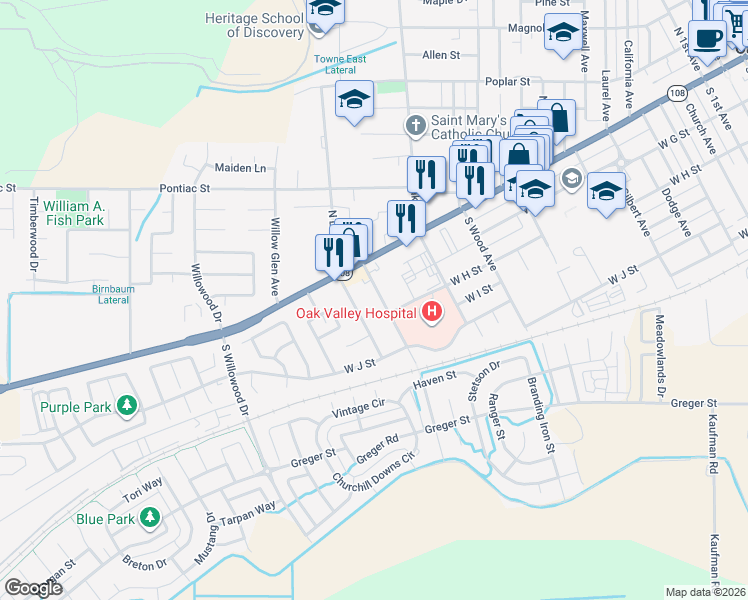 map of restaurants, bars, coffee shops, grocery stores, and more near 212 Ash Avenue in Oakdale