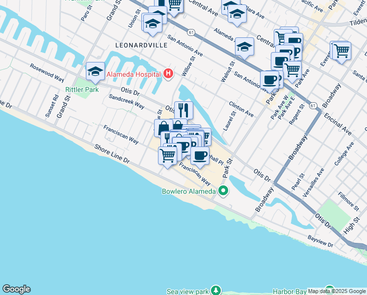 map of restaurants, bars, coffee shops, grocery stores, and more near 2201 South Shore Center in Alameda