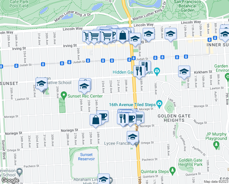 map of restaurants, bars, coffee shops, grocery stores, and more near 1530 Lawton Street in San Francisco