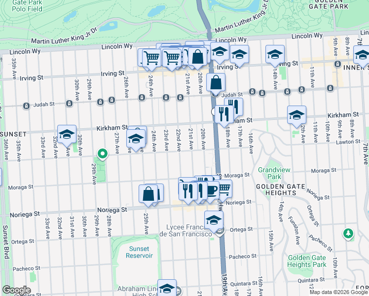 map of restaurants, bars, coffee shops, grocery stores, and more near 1530 Lawton Street in San Francisco