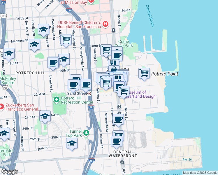 map of restaurants, bars, coffee shops, grocery stores, and more near 1095 Tennessee Street in San Francisco