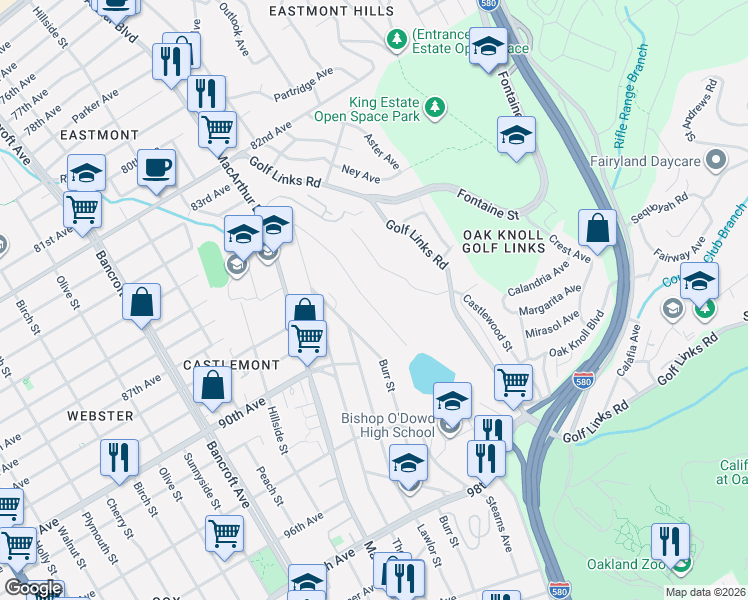 map of restaurants, bars, coffee shops, grocery stores, and more near 8814 Seneca Street in Oakland