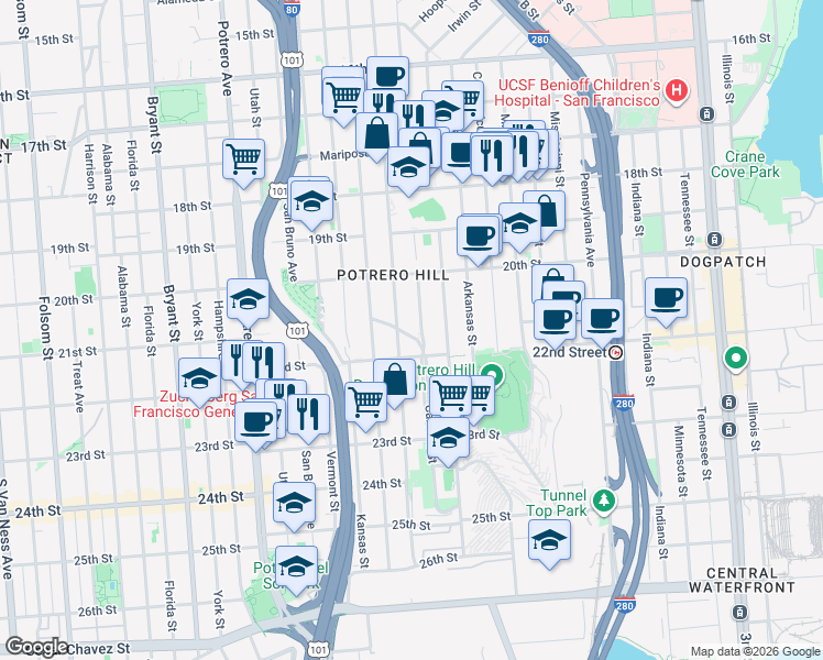 map of restaurants, bars, coffee shops, grocery stores, and more near 835 Carolina Street in San Francisco