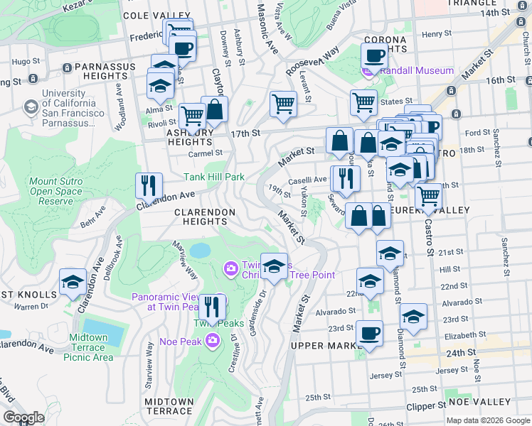 map of restaurants, bars, coffee shops, grocery stores, and more near 477 Corbett Avenue in San Francisco
