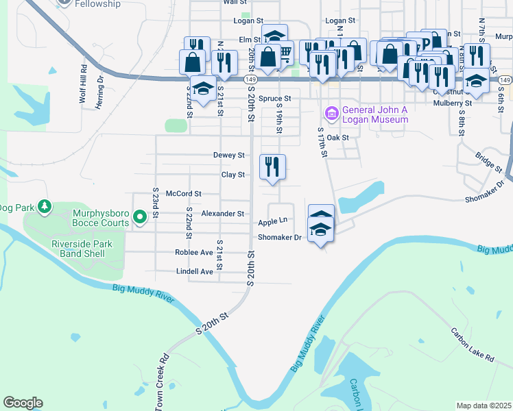map of restaurants, bars, coffee shops, grocery stores, and more near 718 South 20th Street in Murphysboro