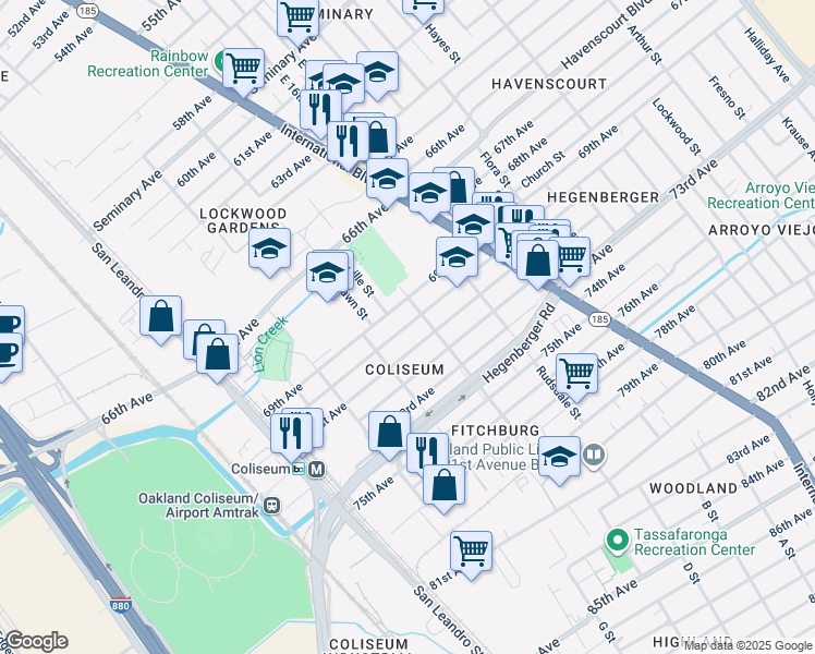 map of restaurants, bars, coffee shops, grocery stores, and more near 1062 70th Avenue in Oakland