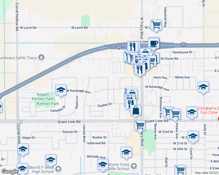 map of restaurants, bars, coffee shops, grocery stores, and more near 2900 Ponte Mira Way in Tracy