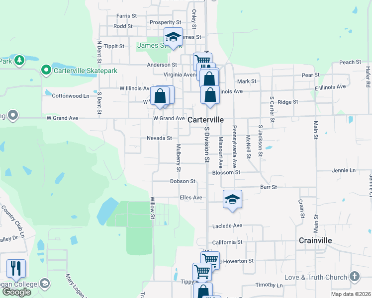 map of restaurants, bars, coffee shops, grocery stores, and more near 221 Michigan Avenue in Carterville