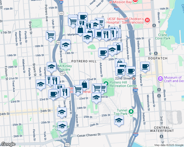 map of restaurants, bars, coffee shops, grocery stores, and more near 835 Carolina Street in San Francisco
