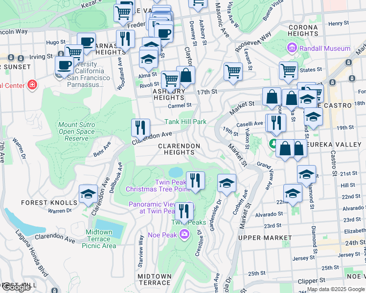 map of restaurants, bars, coffee shops, grocery stores, and more near 66 Crown Terrace in San Francisco