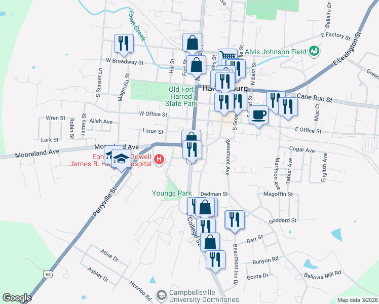 map of restaurants, bars, coffee shops, grocery stores, and more near 423 South College Street in Harrodsburg