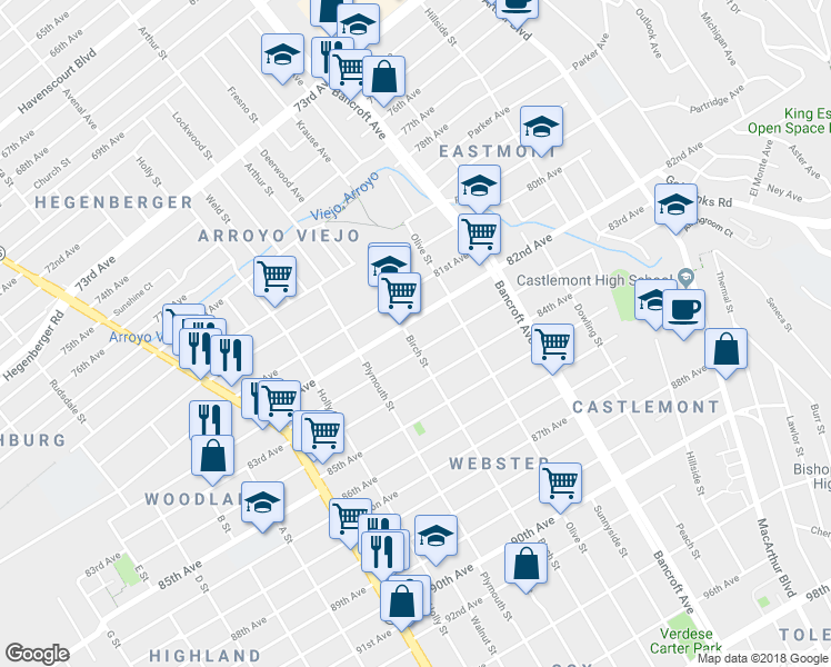 map of restaurants, bars, coffee shops, grocery stores, and more near 8212 Birch Street in Oakland
