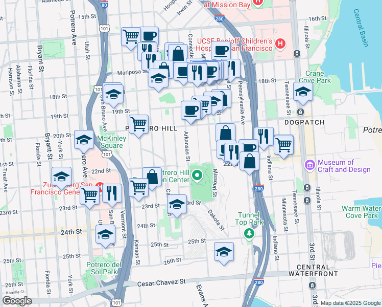 map of restaurants, bars, coffee shops, grocery stores, and more near 649 Arkansas Street in San Francisco