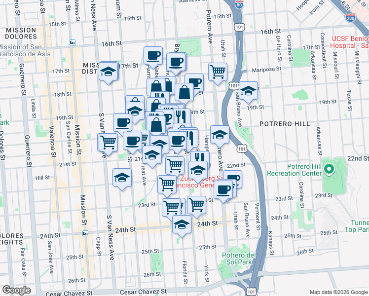 map of restaurants, bars, coffee shops, grocery stores, and more near 2272 Bryant Street in San Francisco