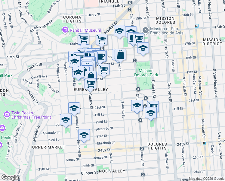 map of restaurants, bars, coffee shops, grocery stores, and more near 4052 20th Street in San Francisco