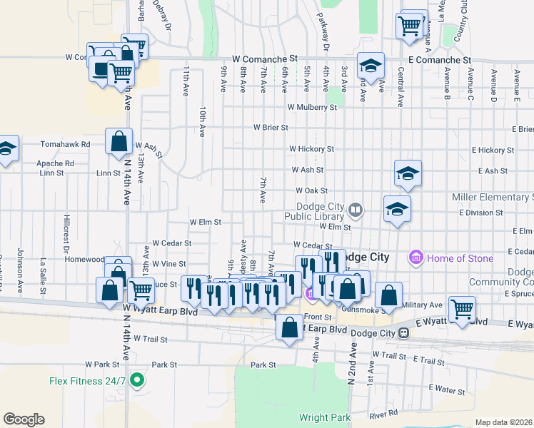 map of restaurants, bars, coffee shops, grocery stores, and more near 801-853 West Division Street in Dodge City