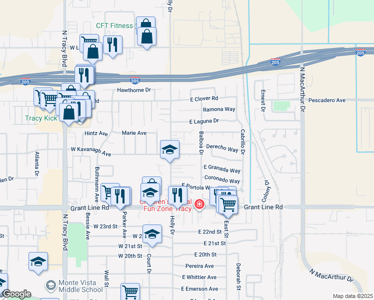 map of restaurants, bars, coffee shops, grocery stores, and more near 115 East Kavanagh Avenue in Tracy