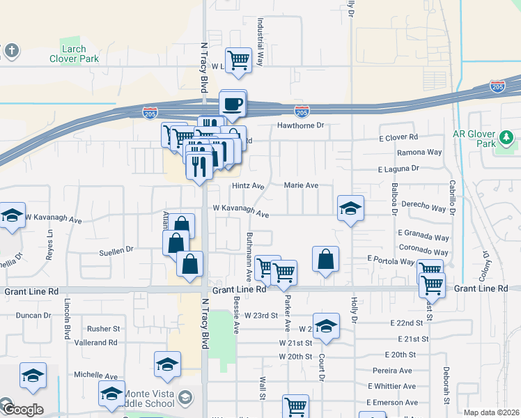 map of restaurants, bars, coffee shops, grocery stores, and more near 451 West Kavanagh Avenue in Tracy
