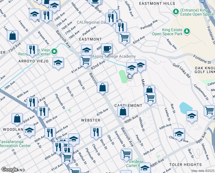 map of restaurants, bars, coffee shops, grocery stores, and more near 2256 85th Avenue in Oakland