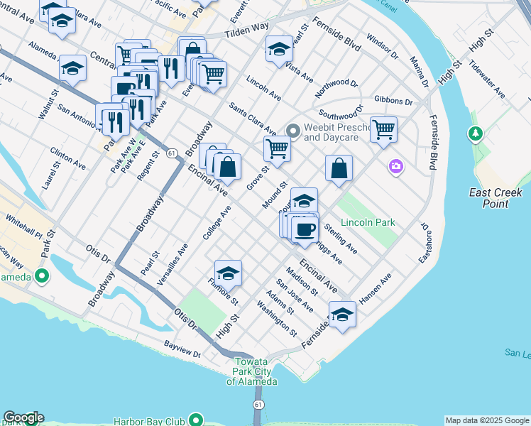map of restaurants, bars, coffee shops, grocery stores, and more near 1301 Mound Street in Alameda