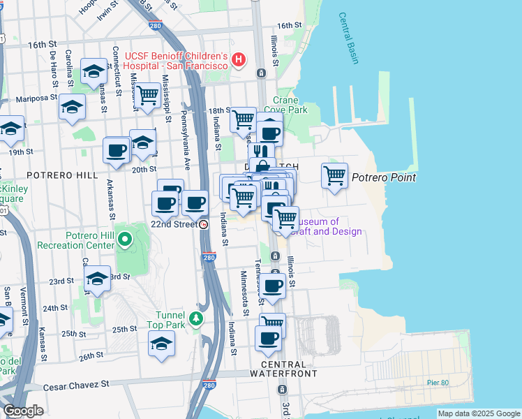map of restaurants, bars, coffee shops, grocery stores, and more near 1095 Tennessee Street in San Francisco