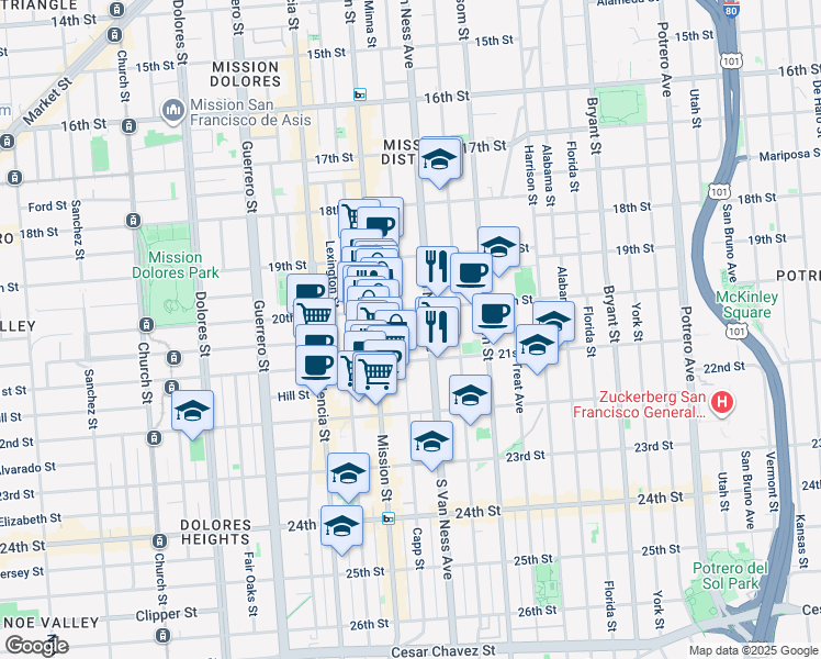 map of restaurants, bars, coffee shops, grocery stores, and more near 2471 Mission Street in San Francisco