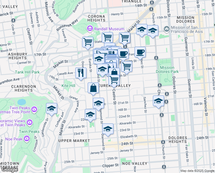 map of restaurants, bars, coffee shops, grocery stores, and more near 274 Collingwood Street in San Francisco