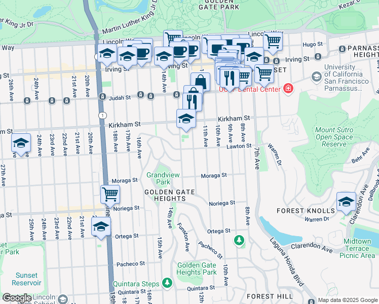 map of restaurants, bars, coffee shops, grocery stores, and more near 1610 12th Avenue in San Francisco