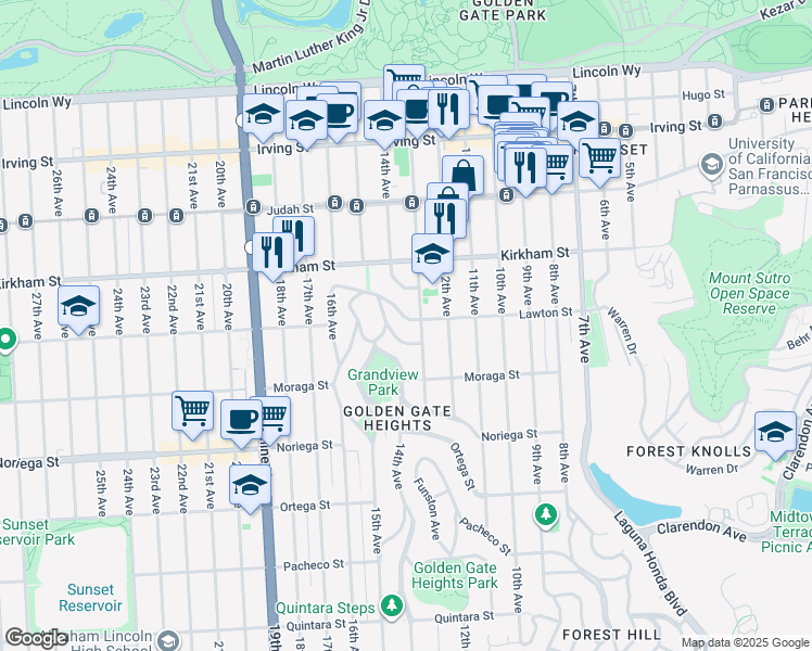 map of restaurants, bars, coffee shops, grocery stores, and more near 1611 Funston Avenue in San Francisco