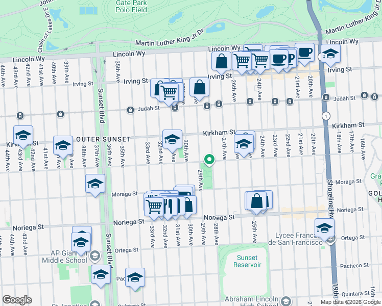 map of restaurants, bars, coffee shops, grocery stores, and more near 1570 30th Avenue in San Francisco