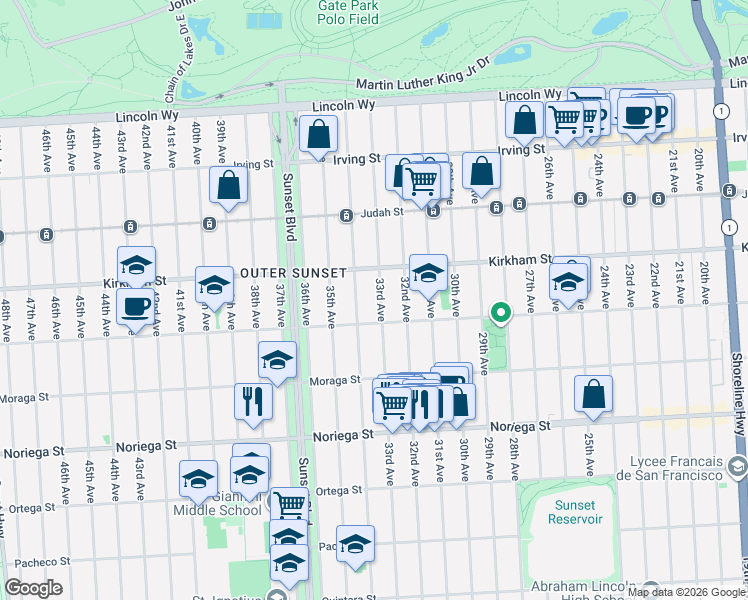 map of restaurants, bars, coffee shops, grocery stores, and more near 1562 33rd Avenue in San Francisco