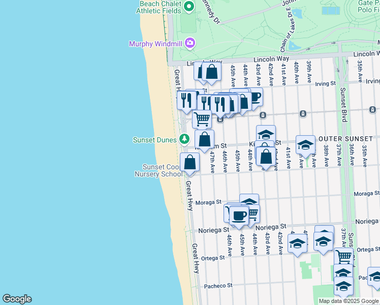 map of restaurants, bars, coffee shops, grocery stores, and more near 1523 48th Avenue in San Francisco