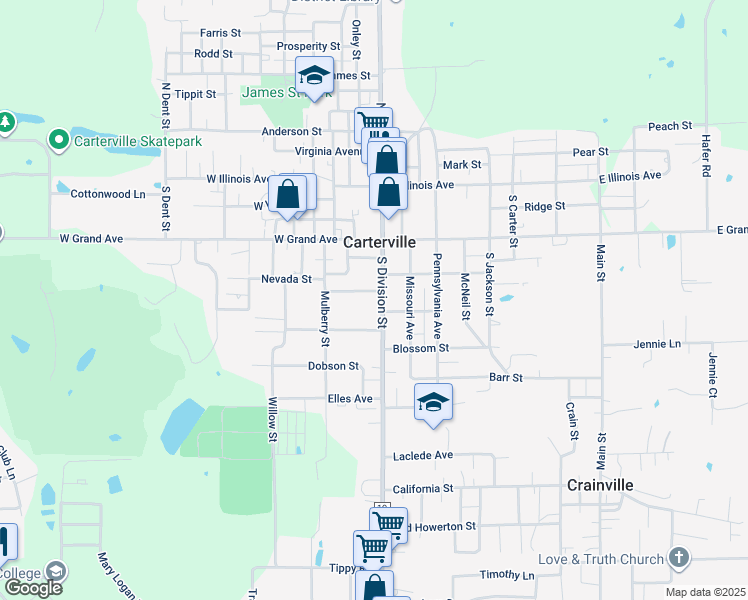 map of restaurants, bars, coffee shops, grocery stores, and more near 403 South Division Street in Carterville