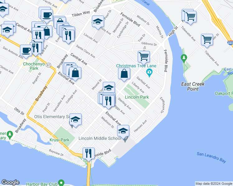 map of restaurants, bars, coffee shops, grocery stores, and more near 1363 High Street in Alameda