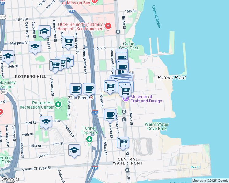 map of restaurants, bars, coffee shops, grocery stores, and more near 1095 Tennessee Street in San Francisco