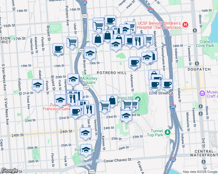 map of restaurants, bars, coffee shops, grocery stores, and more near 111 Southern Heights Avenue in San Francisco