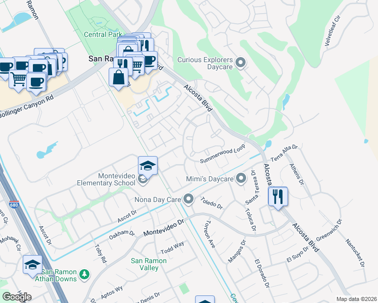 map of restaurants, bars, coffee shops, grocery stores, and more near 498 Countrybrook Loop in San Ramon